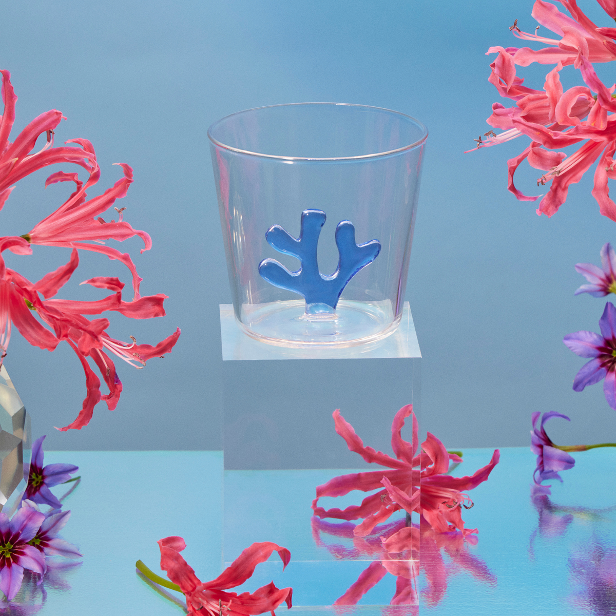 Sprezz tumbler glass with a blue coral inside it. made from durable, non-toxic borosilicate glass that is dishwasher safe.