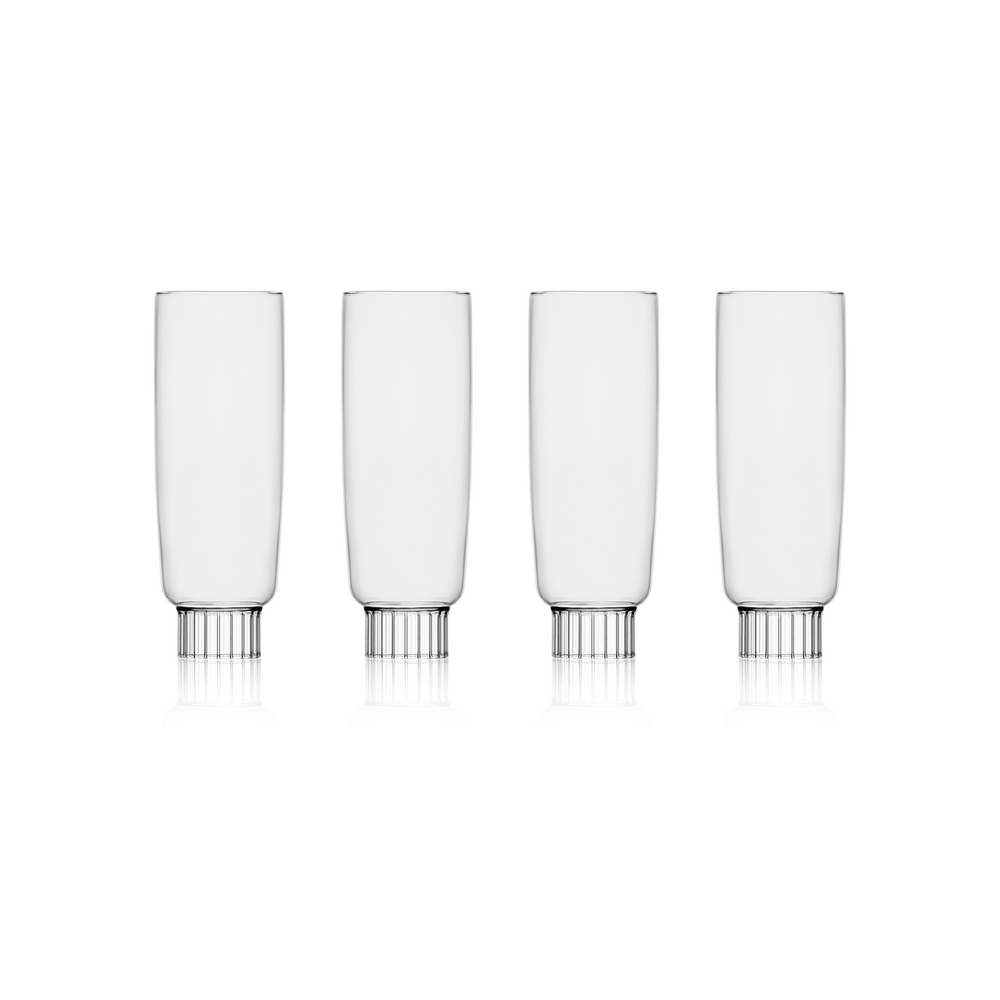 Hand-blown clear champagne glasses by Sprezz, crafted from safe, high-quality borosilicate glass, ready to elevate your spring tablescape with a personalized touch of color for any brunch party or Easter celebration."