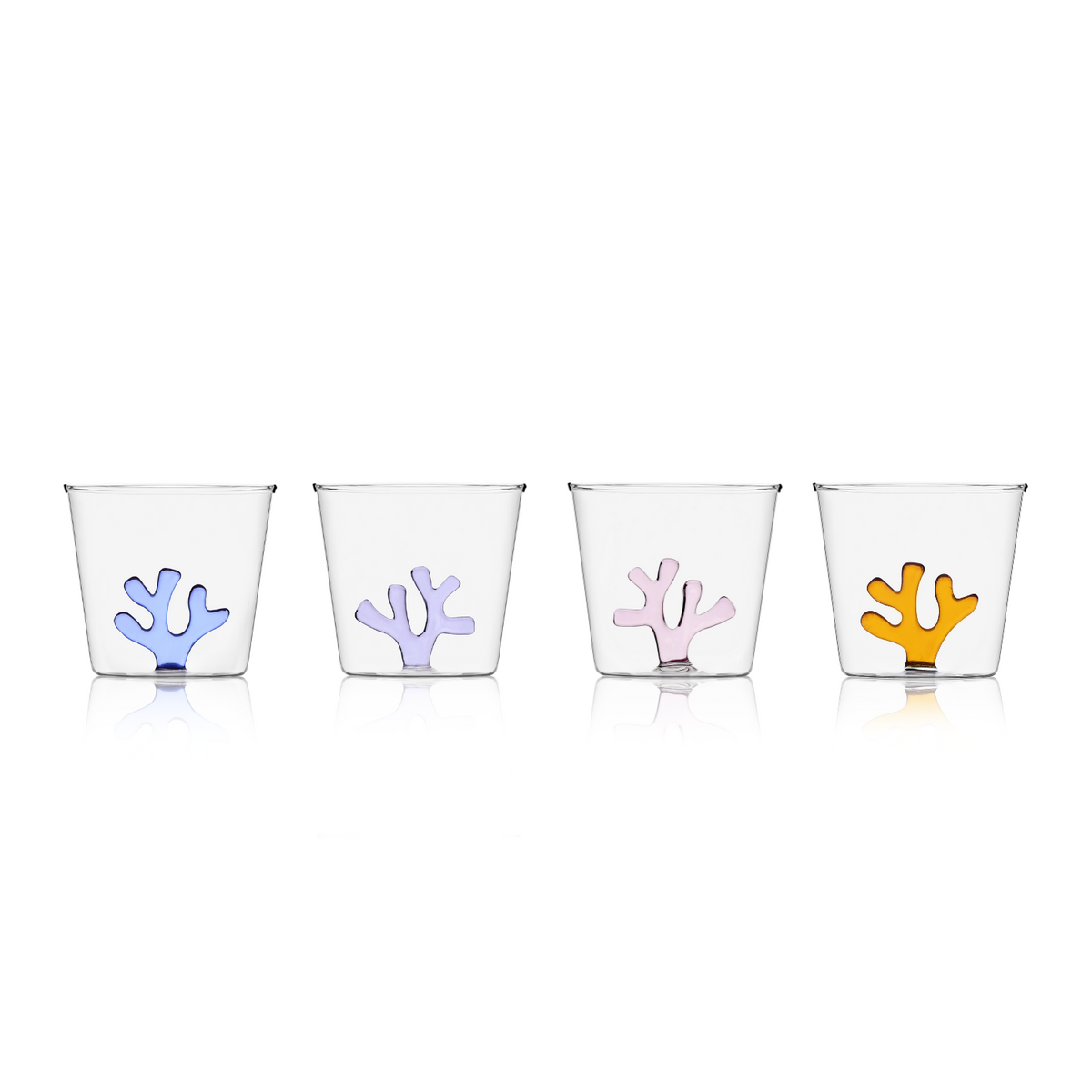 Four water tumblers with colorful coral designs in blue, lilac, blush pink, amber on a white background