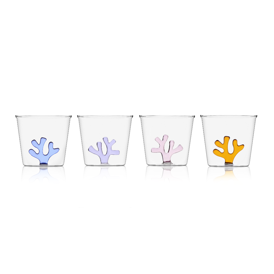 water tumblers inspired by matisse's cut outs in blue, liliac, pink and amber