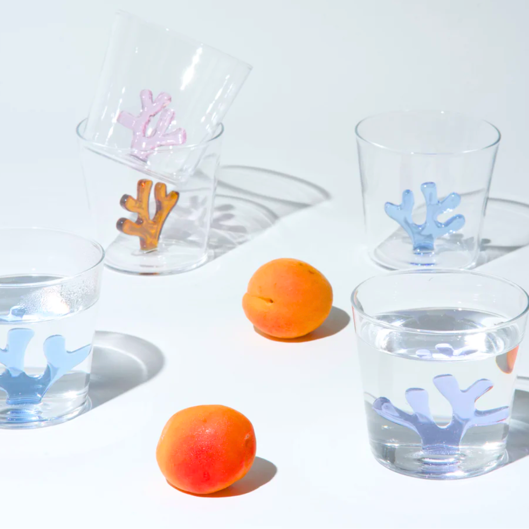Stacked Ichendorf Milano Coral Reef Water Tumblers in Lilac, Blue, Amber and Blush Pink