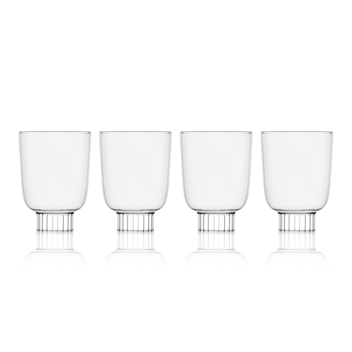 Set of four Sprezz premium borosilicate glass cocktail glasses, featuring a durable, elegant design with a ribbed base. These non-toxic, clear glasses are perfect for toasts and celebrations, dishwasher safe for convenience, and blend form and function for a memorable dinner party, designed for the discerning host.