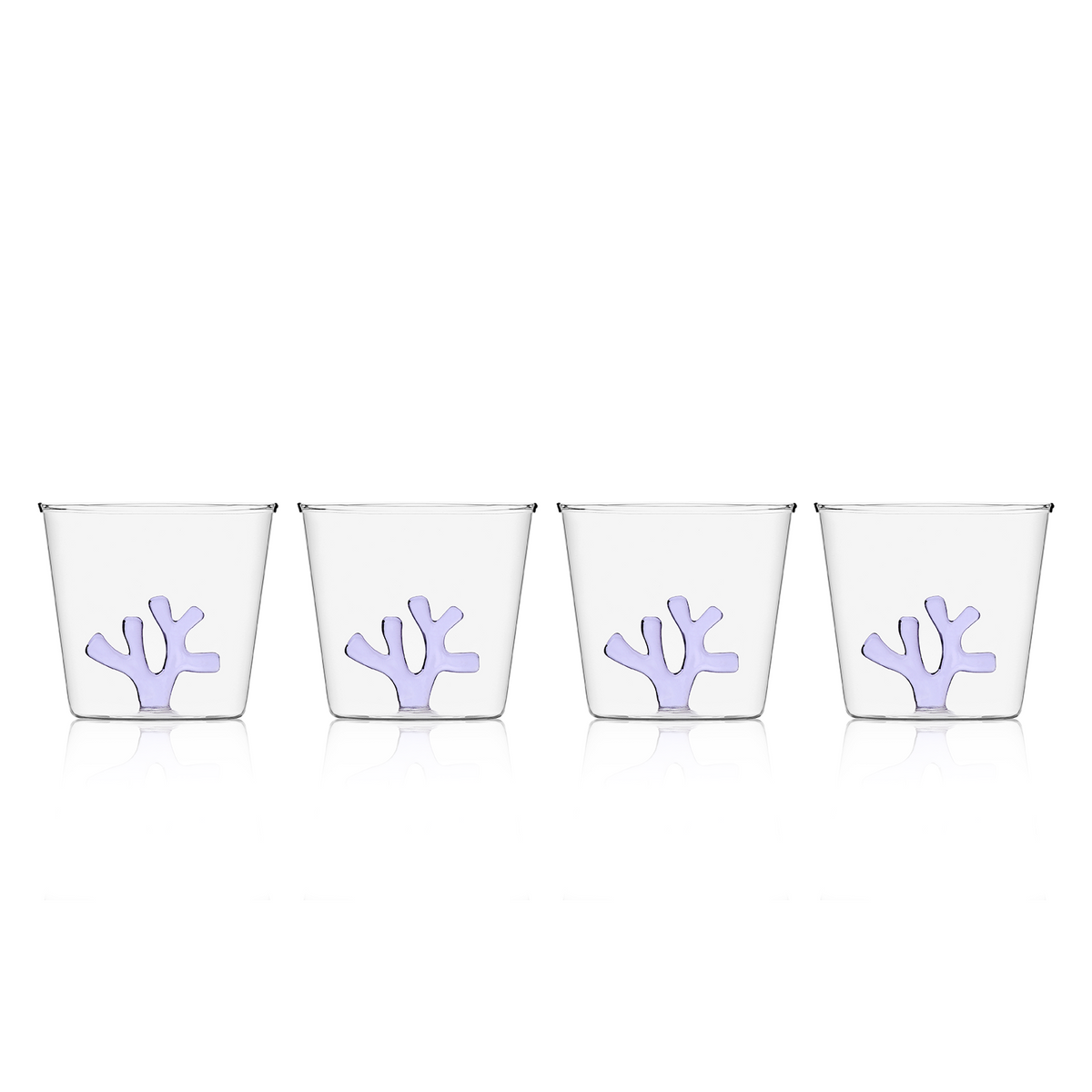 A collection of all-purpose clear coloured glassware feature an lilac coral on the inside. Sprezz Whimsical Tumbler Glasses Lilac Purple | Colored Glassware Set of Four