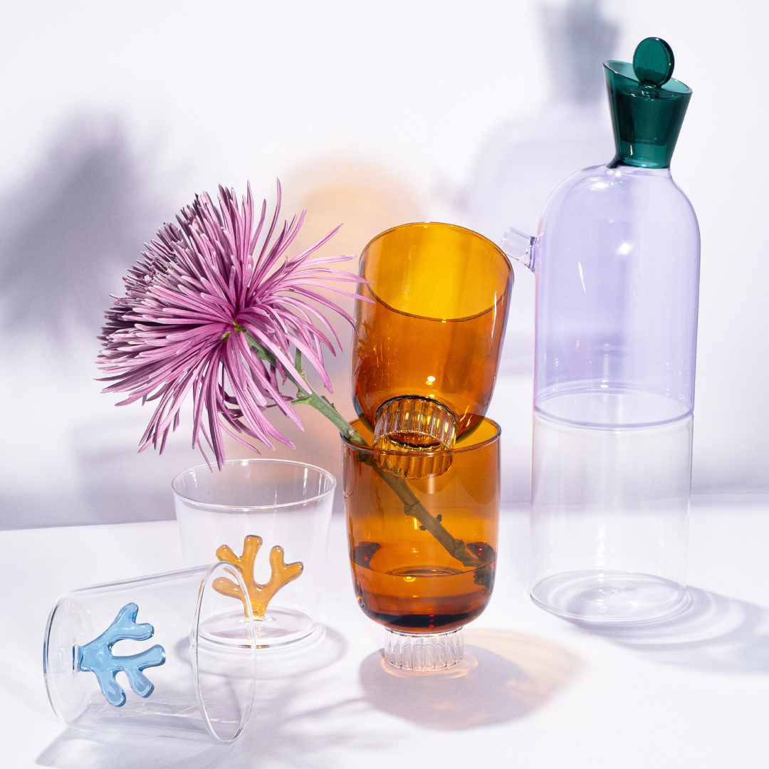 color blocked carafe, amber stemless wine glasses and water tumblers