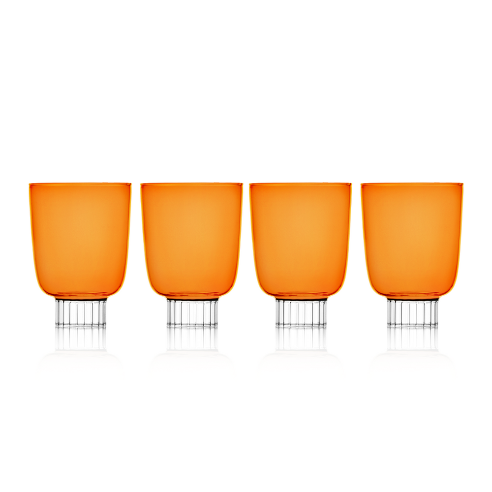 Sprezz set of four stemless wine glasses in amber. Safe glassware that are perfect as water tumblers, cocktail glasses, or wine glasses. 